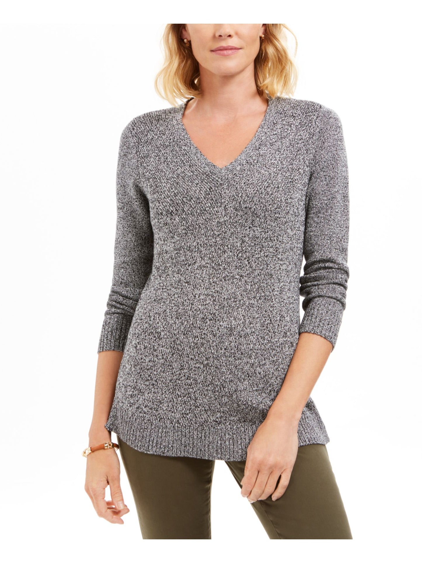 Charter Club Women's Herringbone Long Sleeve V Neck T-Shirt Gray Size Petite Large