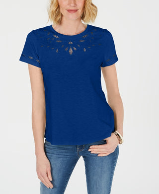 Charter Club Women's Cutout Cotton T-Shirt Blue Size Small