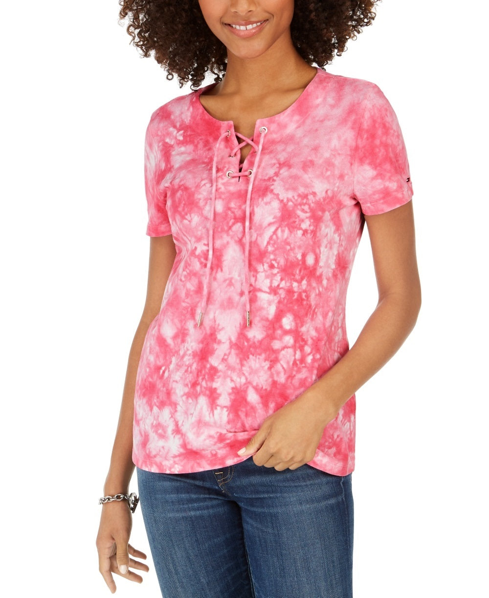 Tommy Hilfiger Women's Cotton Lace-Up Tie-Dyed T-Shirt Pink Size X-Large