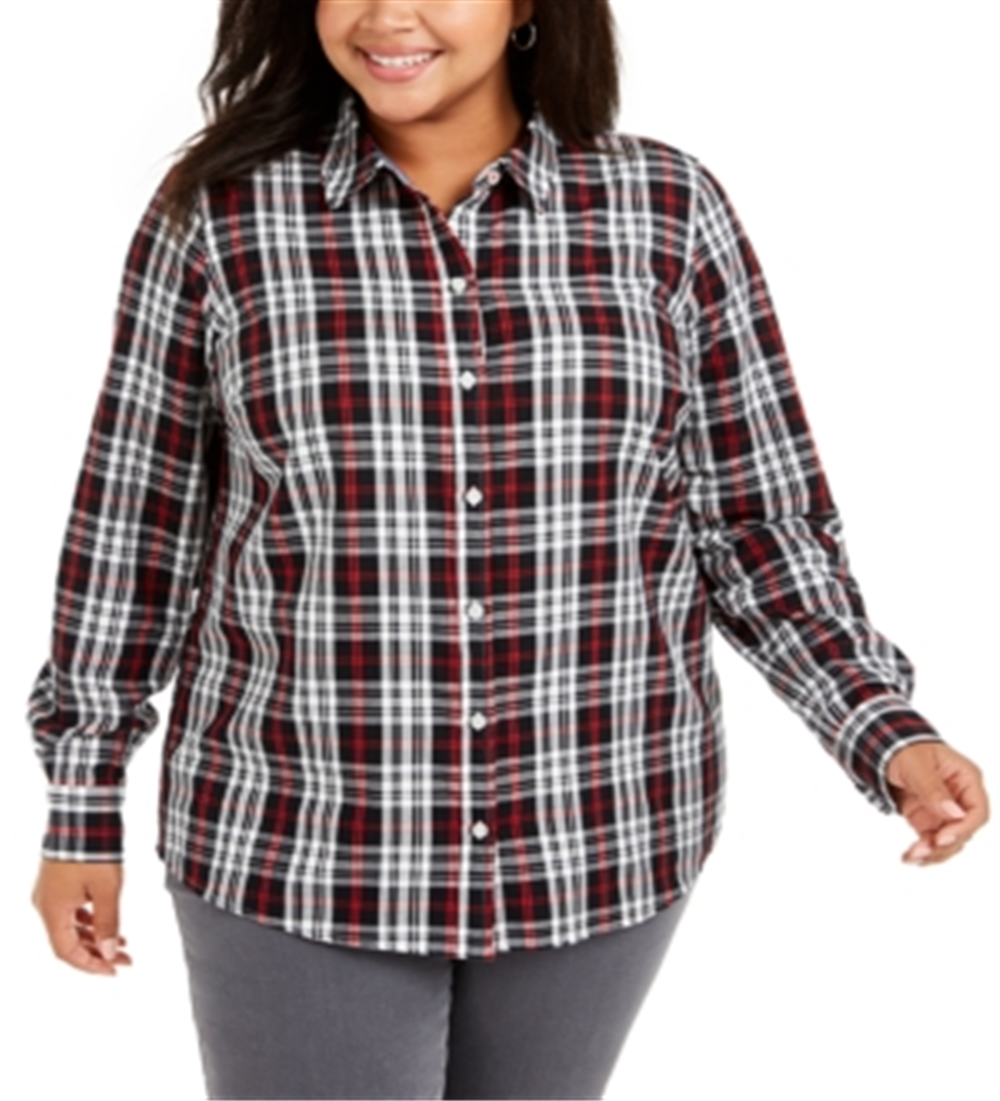Charter Club Women's Plus Ilanna Cotton Plaid Button up Shirt Black Size XL