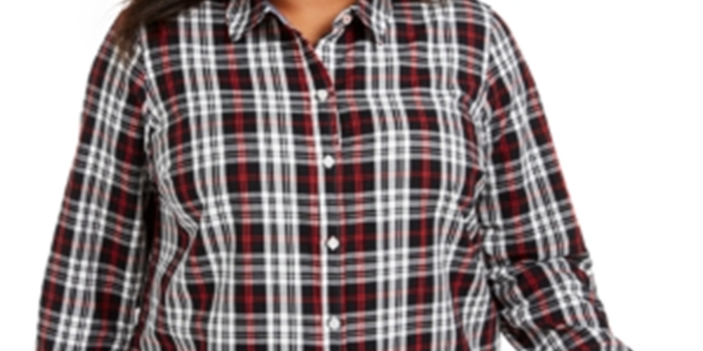 Charter Club Women's Plus Ilanna Cotton Plaid Button up Shirt Black Size XL