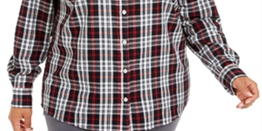 Charter Club Women's Plus Ilanna Cotton Plaid Button up Shirt Black Size XL