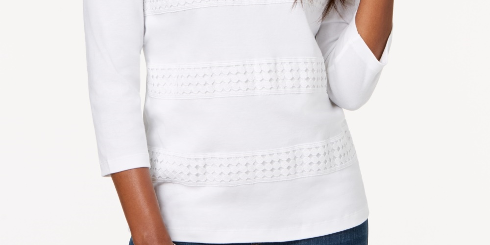 Karen Scott Women's Square-Neck Lace-Stripe Top White Size Large