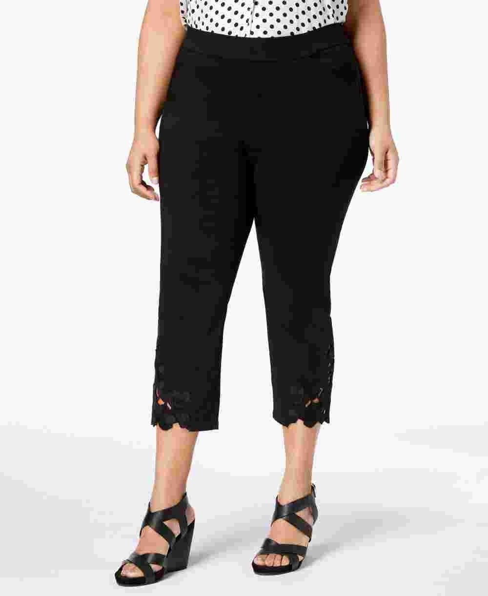 INC International Concepts Women's Plus Size Lace-Hem Cropped Pants Black Size 24W