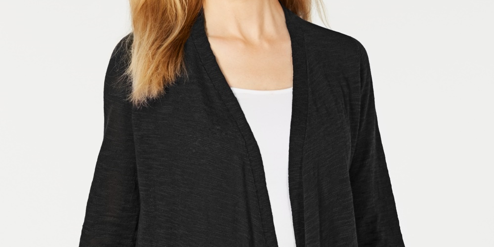 Alfani Women's Petite Linen Open-Front Cardigan Black Size PM
