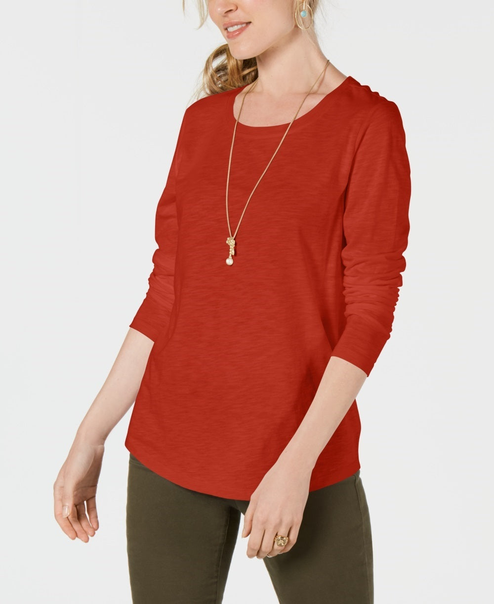 Style & Co Women's Long-Sleeve Crewneck Top Orange Size X-Large