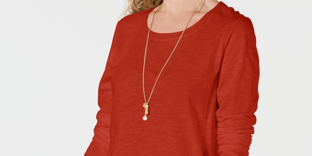 Style & Co Women's Long-Sleeve Crewneck Top Orange Size X-Large