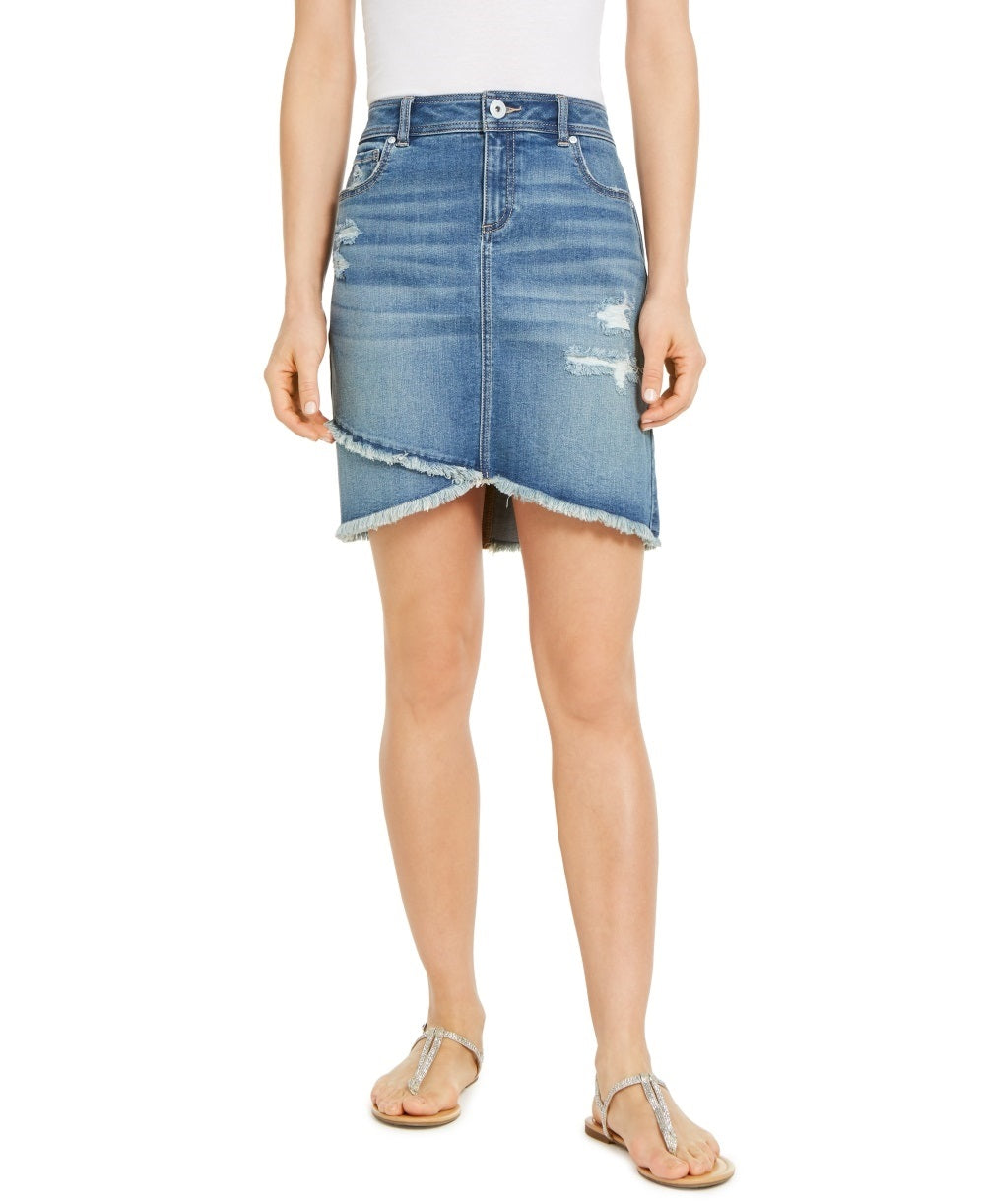 INC International Concepts Women's Destructed Fray-Trim Crossover-Hem Denim Skirt Blue Size 10