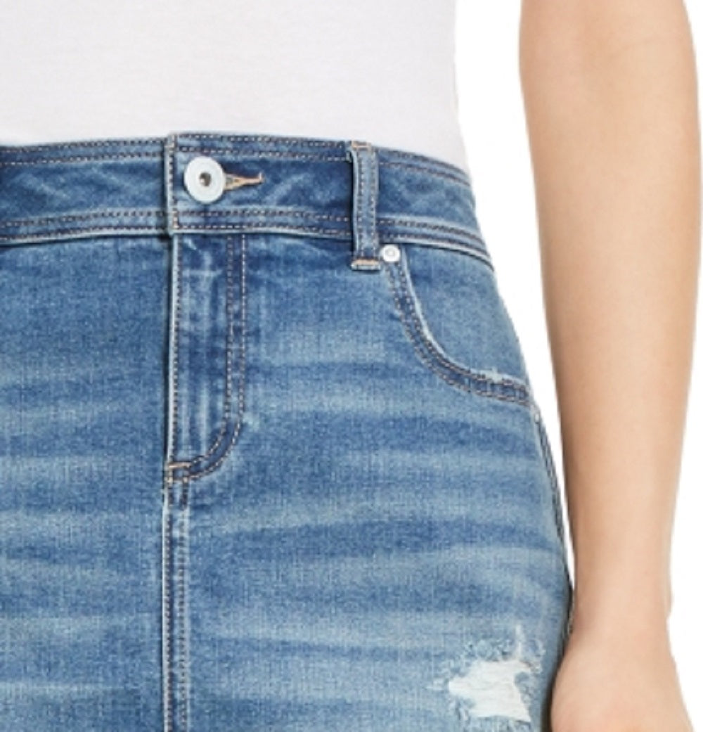 INC International Concepts Women's Destructed Fray-Trim Crossover-Hem Denim Skirt Blue Size 10