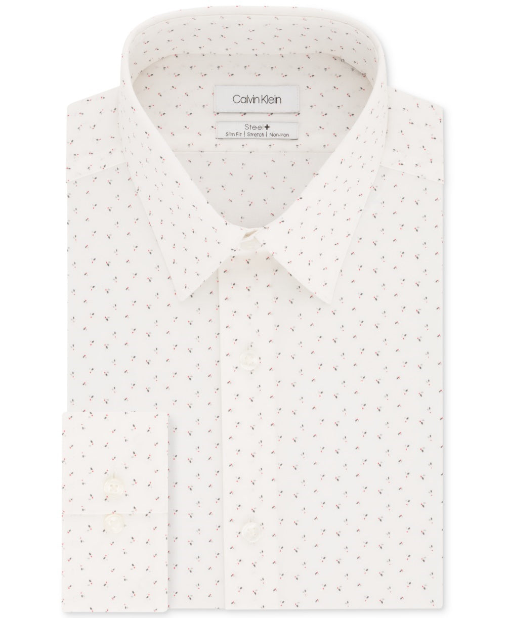 Calvin Klein Men's Steel Slim-Fit Non-Iron Performance Stretch White Print Dress Shirt Red Size 14.5X32-33