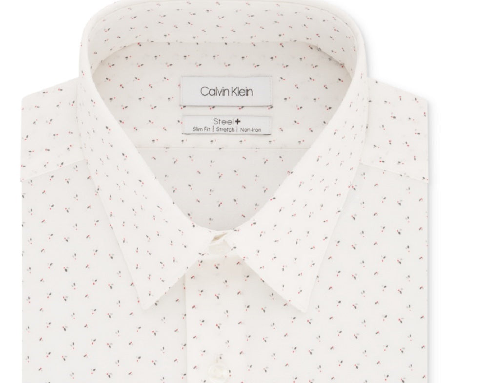 Calvin Klein Men's Steel Slim-Fit Non-Iron Performance Stretch White Print Dress Shirt Red Size 14.5X32-33
