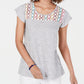 Style & Co Women's Cotton Crochet-Yoke Striped Top White Size Small