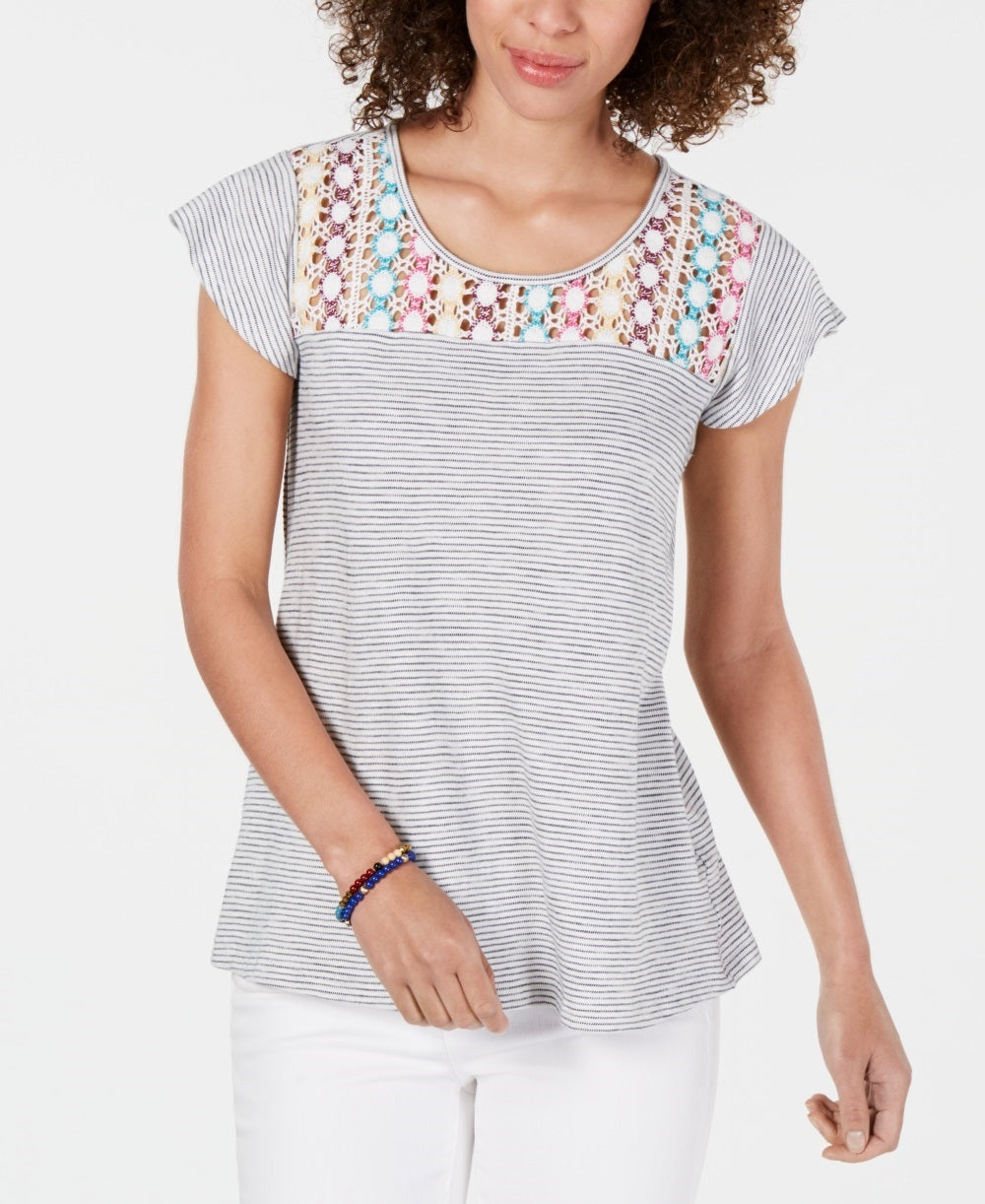 Style & Co Women's Cotton Crochet-Yoke Striped Top White Size Small