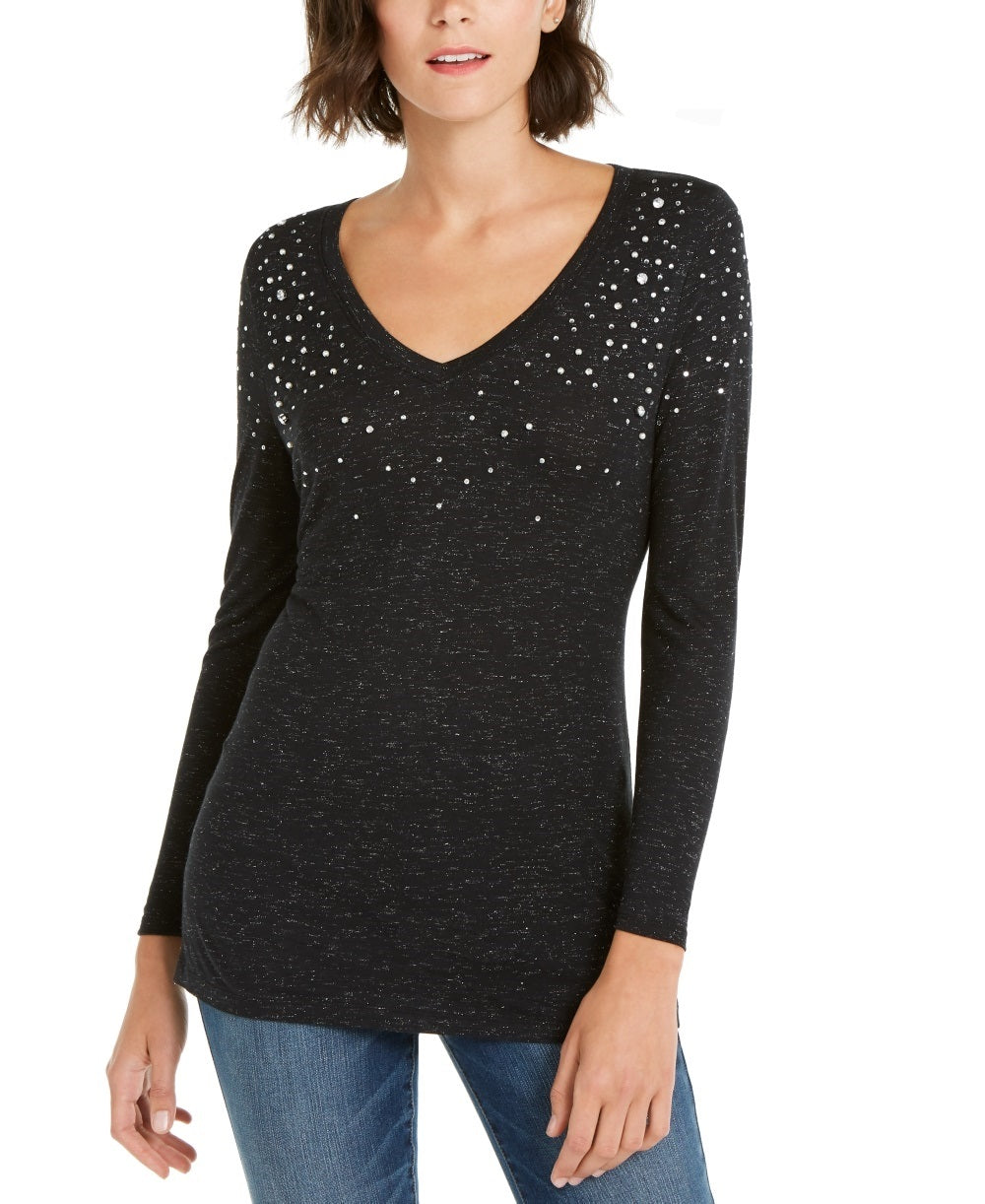 INC International Concepts Women's Embellished Shine V-Neck Top Black Size X-Small
