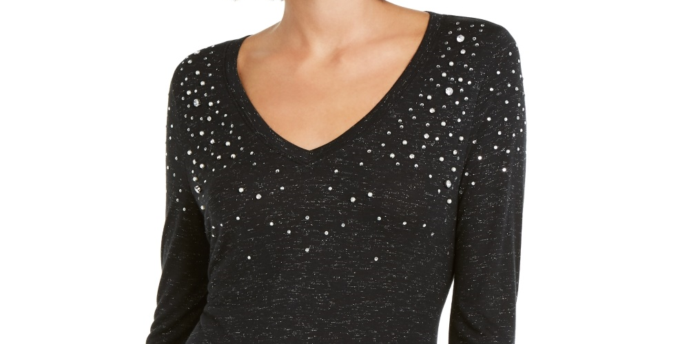 INC International Concepts Women's Embellished Shine V-Neck Top Black Size X-Small