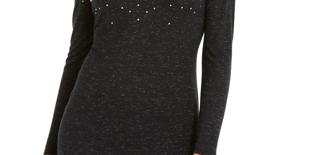 INC International Concepts Women's Embellished Shine V-Neck Top Black Size X-Small
