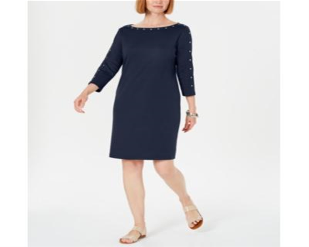 Karen Scott Women's Boat Neck Studded Dress Blue Size -Petite L