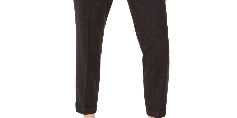 Calvin Klein Women's Slim-Leg Ankle Windowpane Pants Black Size 8