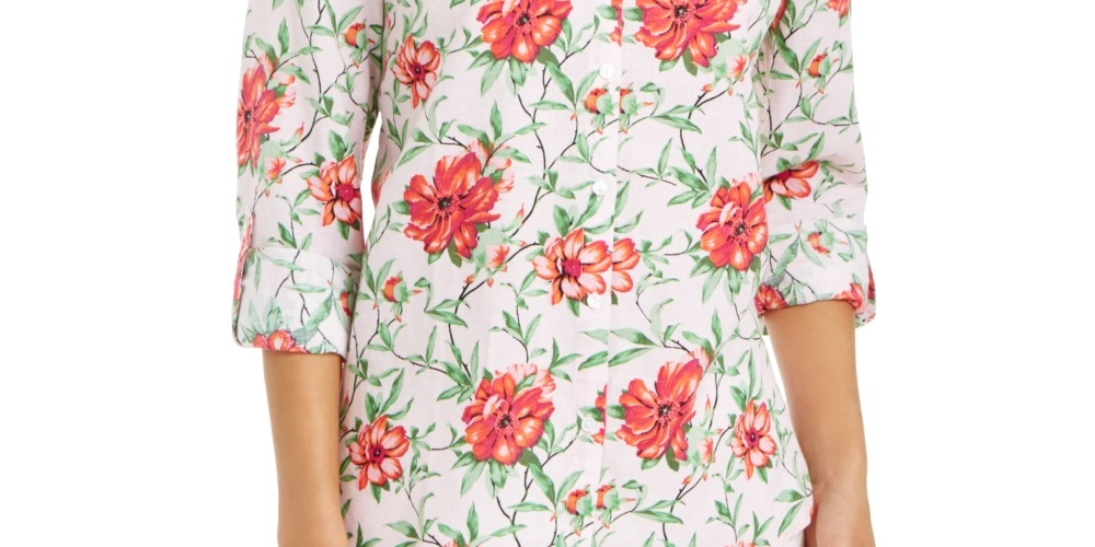 Charter Club Women's Printed Button Front Roll Tab Sleeve Top Pink Size Petite Small