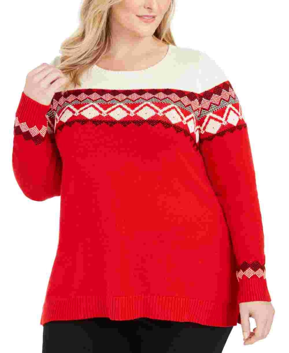 Charter Club Women's Printed Long Sleeve Jewel Neck Blouse Sweater Red Size 1X
