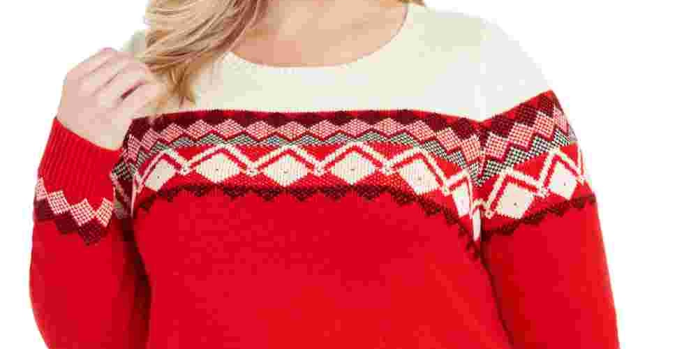 Charter Club Women's Printed Long Sleeve Jewel Neck Blouse Sweater Red Size 1X