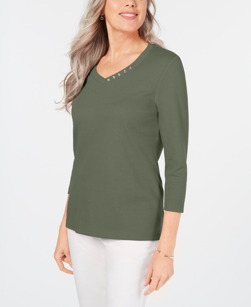 Karen Scott Women's Cotton V Neck Button Trim Top Green Size Small