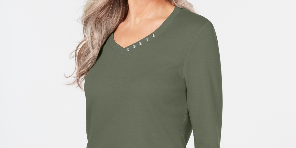 Karen Scott Women's Cotton V Neck Button Trim Top Green Size Small