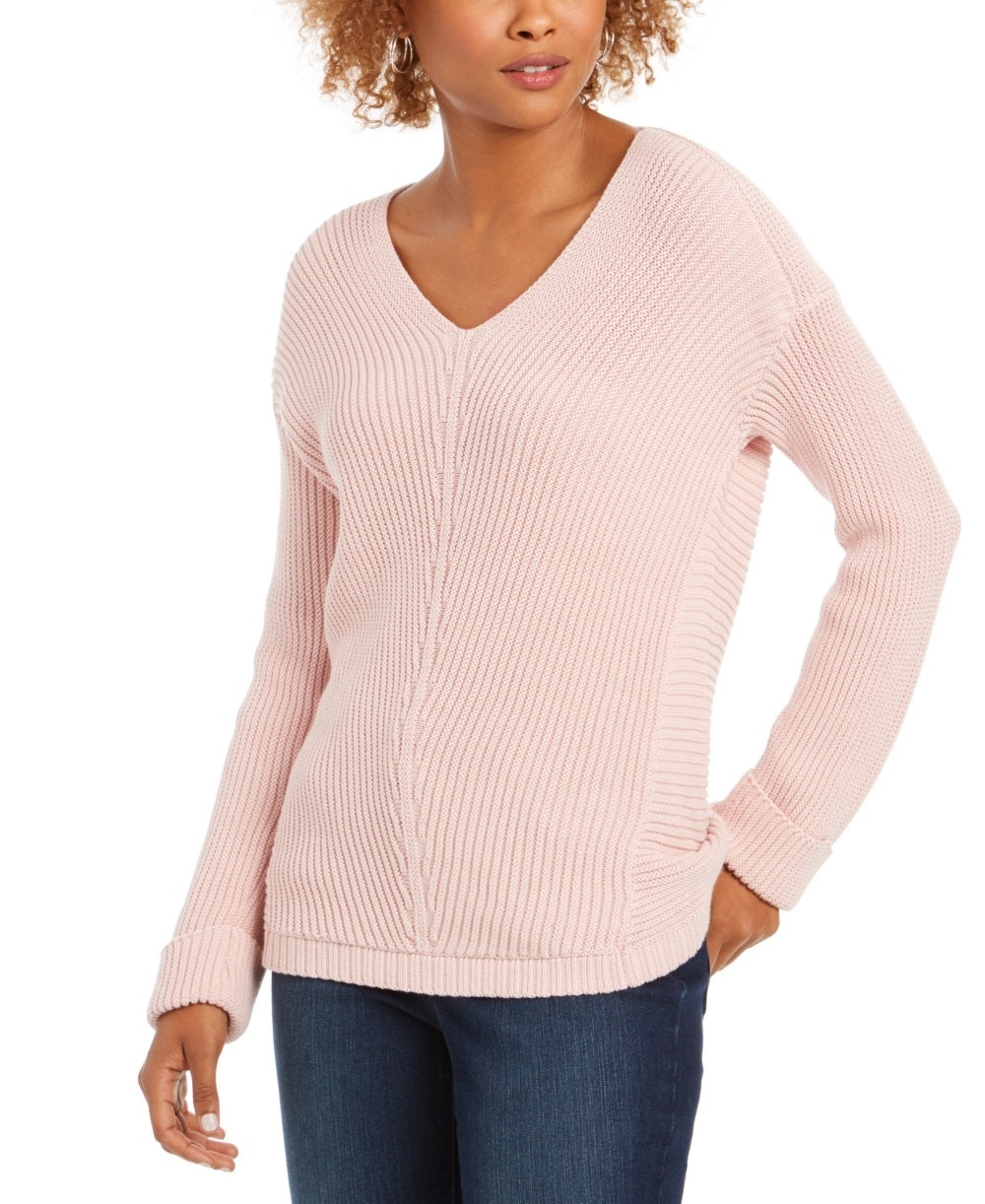 Charter Club Women's Cotton Textured V Neck Sweater Pink Size XX-Large