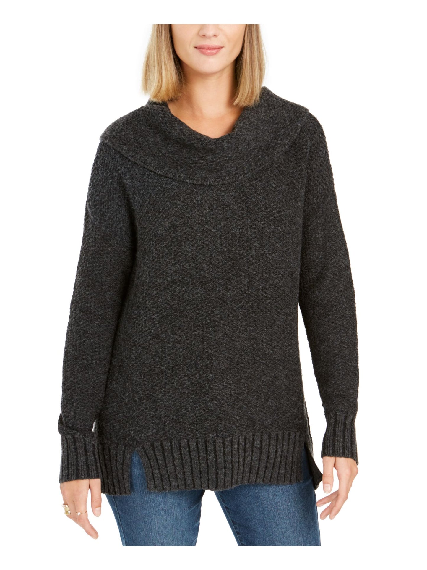 Style & Co Women'sTextured Long Sleeve Cowl Neck Sweater Gray-Black Size PP
