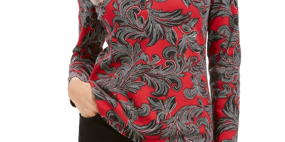 Karen Scott Women's Dotted Scrolls Henley Top Red Size Small