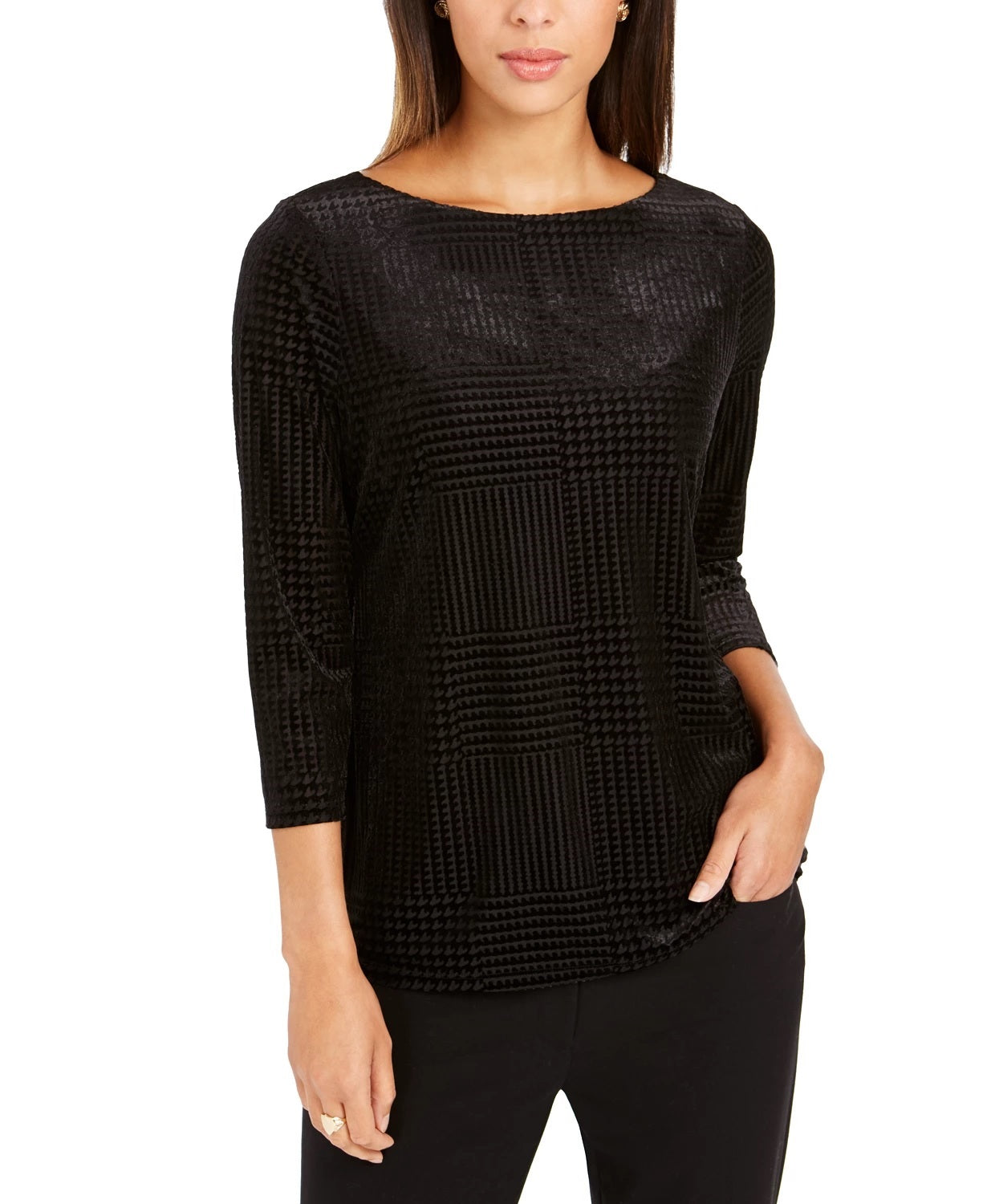 Charter Club Women's Patterned Long Sleeve Boat Neck Blouse Evening Top Black Size Petite Small
