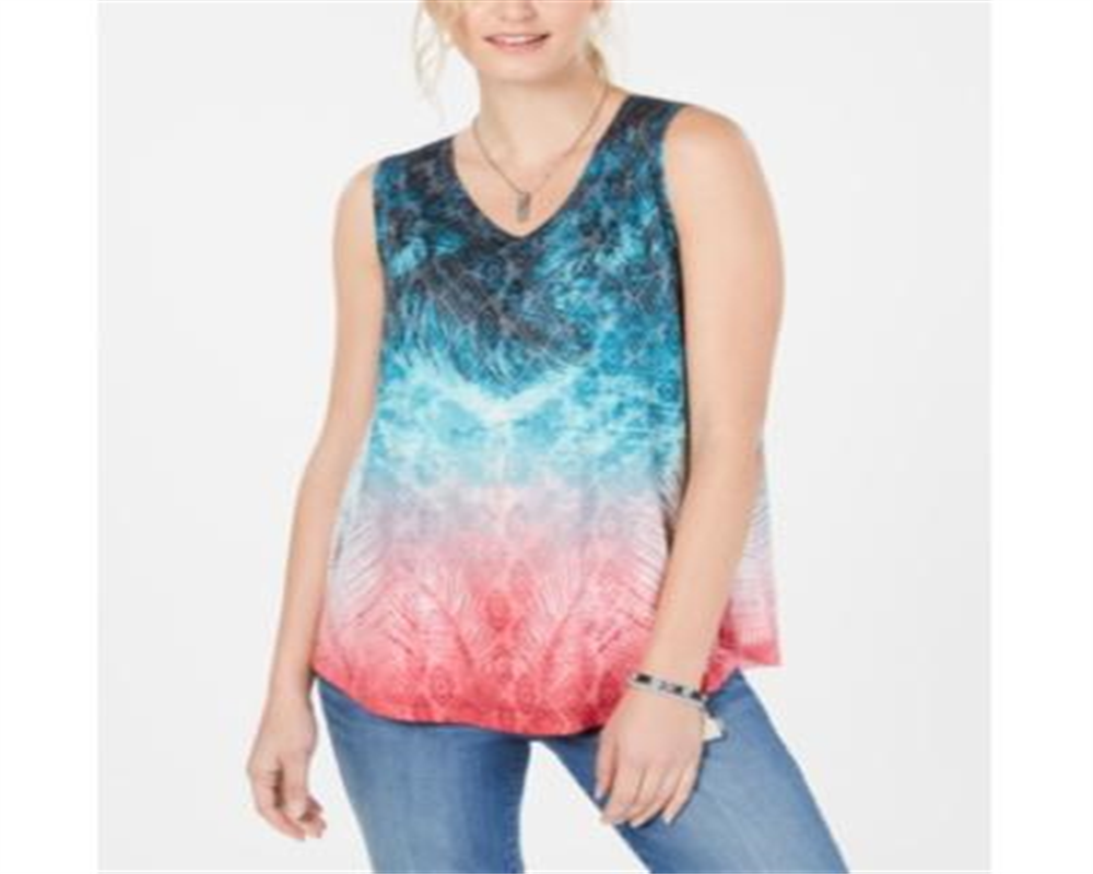 Style & Co Women's V Neck Printed Tank Top Blue Multi  Size -PP