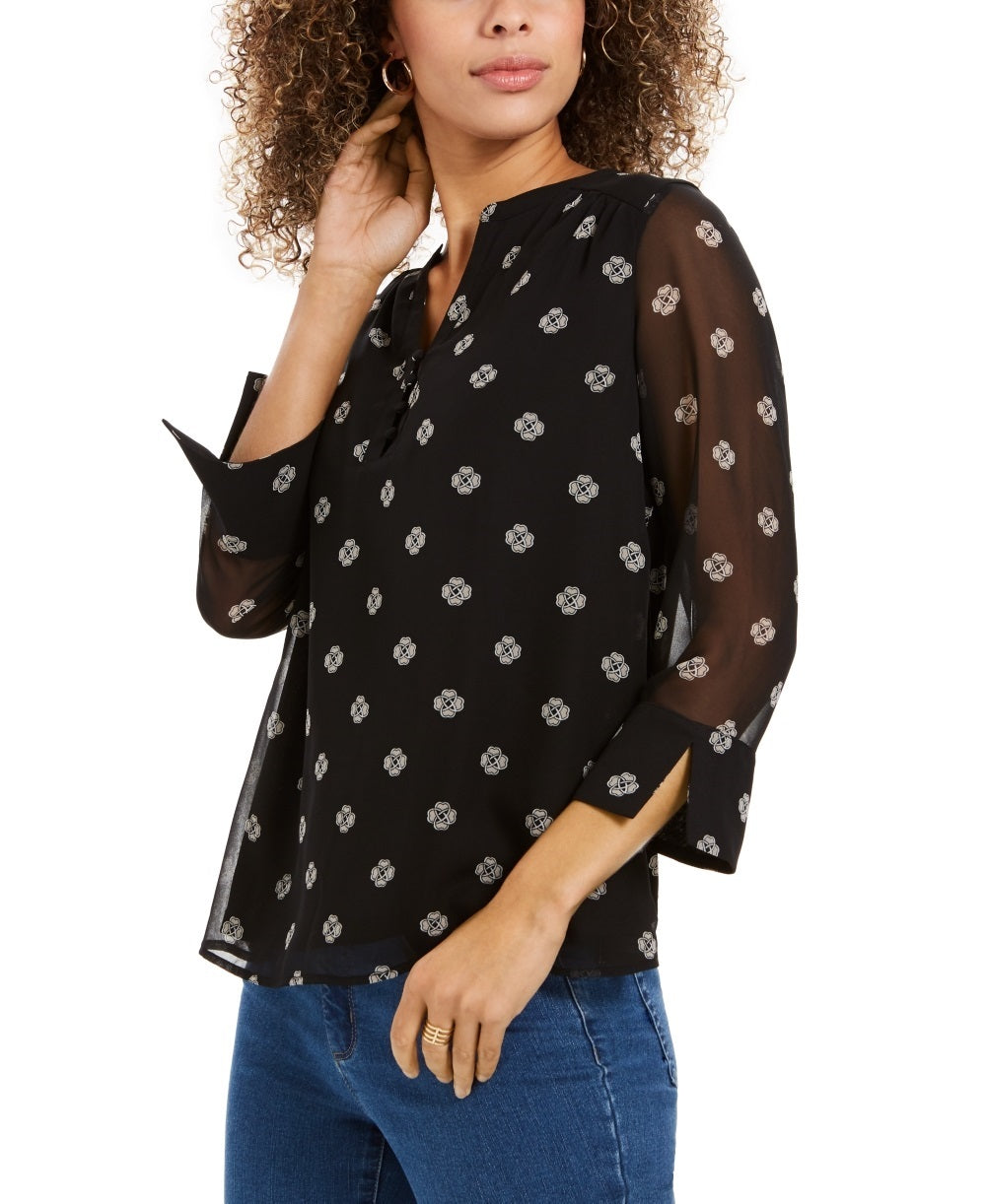 Charter Club Women's Printed Split Sleeve Top Black Size Small