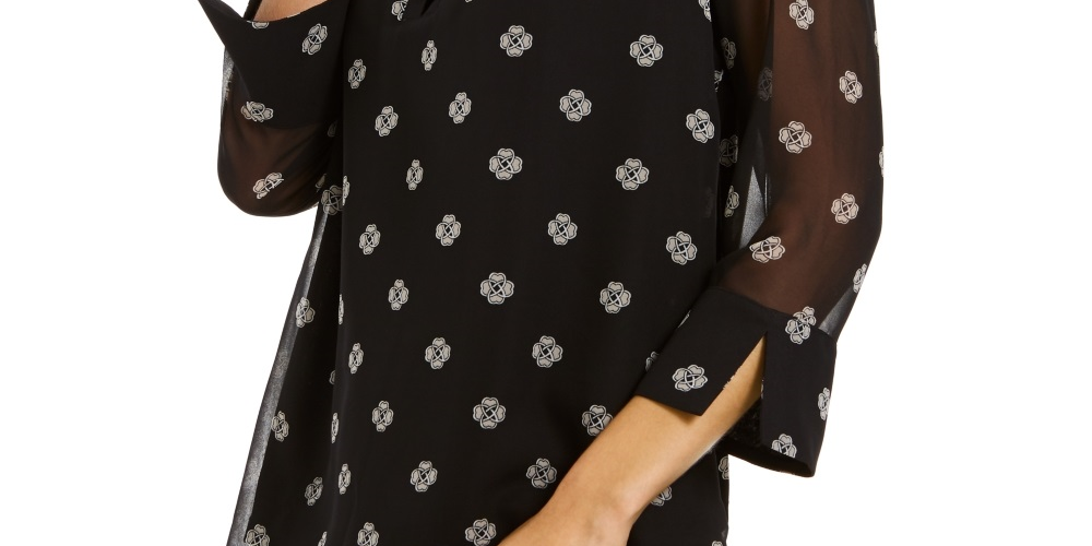 Charter Club Women's Printed Split Sleeve Top Black Size Small