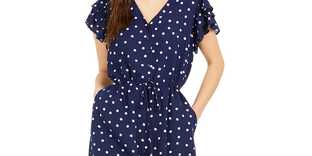 Maison Jules Women's Dot Print Tie Waist Romper  Navy Size X-Large