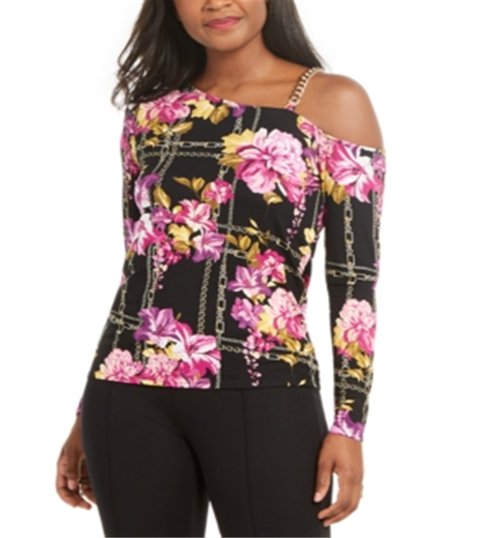 Thalia Sodi Women's Printed Asymmetric Chain Link Top Black Size X-Large