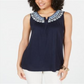 Style & Co Women's Embroidered Split Neck Top Blue Size Small