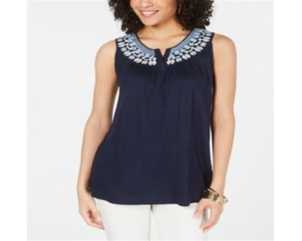 Style & Co Women's Embroidered Split Neck Top Blue Size Small