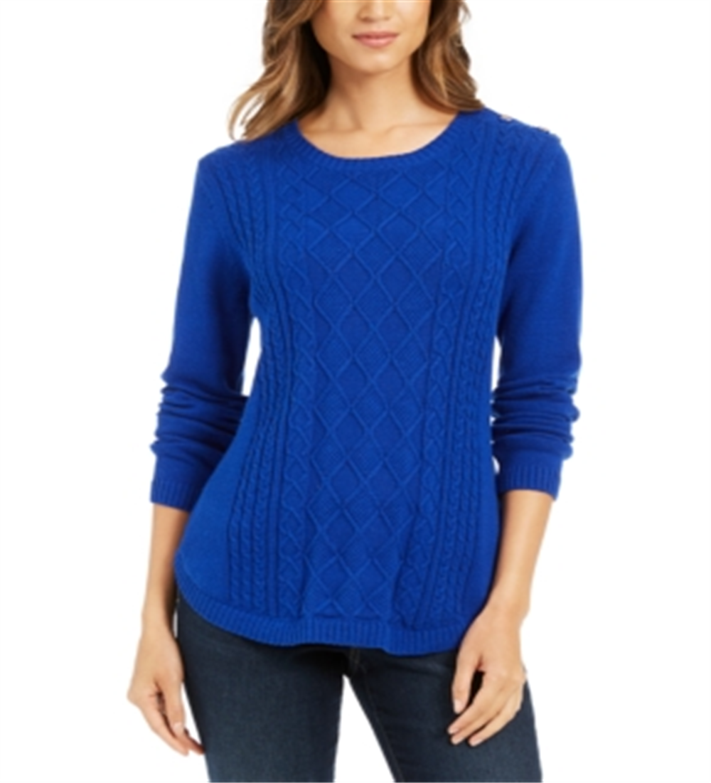 Charter Club Women's Cable Knit Button Trim Sweater Blue Size -Petite L