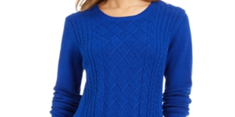 Charter Club Women's Cable Knit Button Trim Sweater Blue Size -Petite L