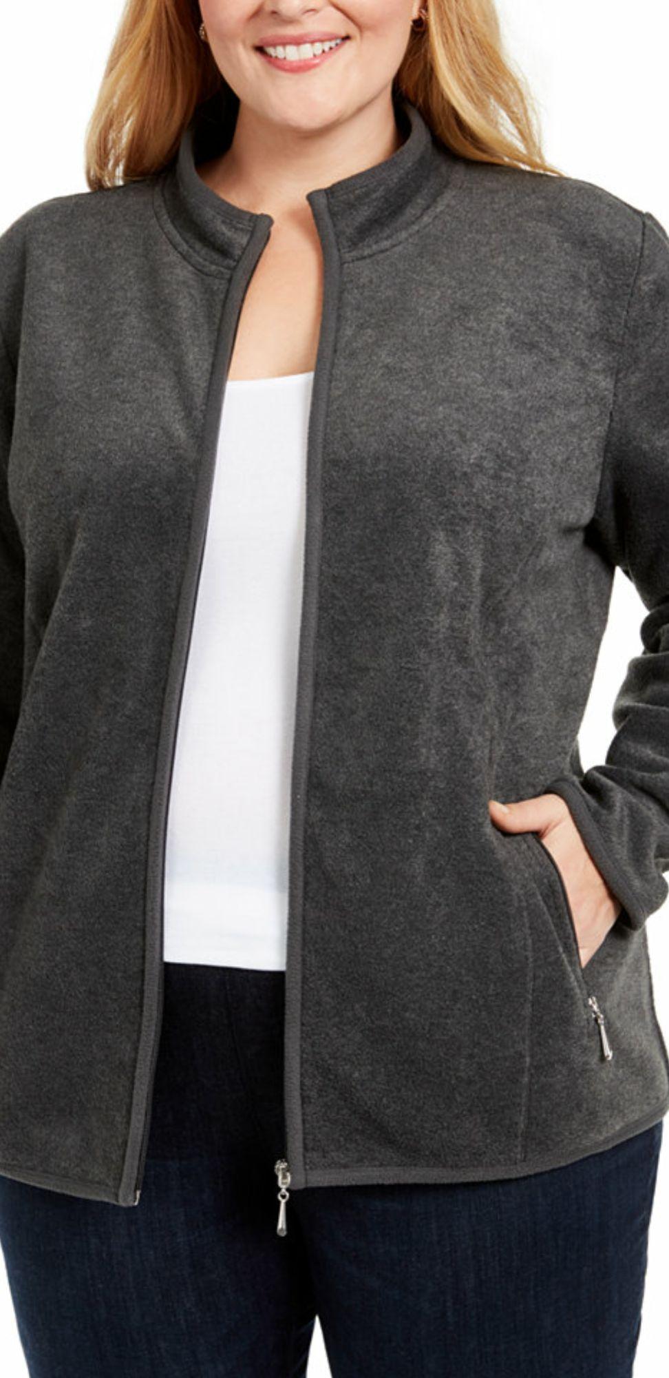 Karen Scott Women's Plus Zeroproof Fleece Performance Athletic Jacket Black Size 0X