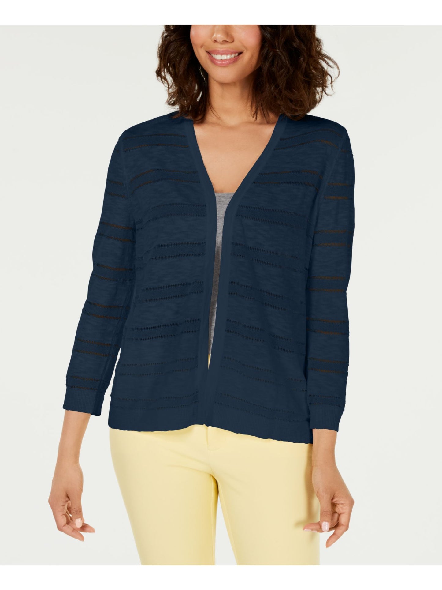 Charter Club Women's Pointelle Stripe Cardigan Blue Size Petite Medium