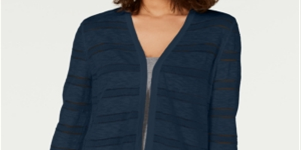 Charter Club Women's Pointelle Stripe Cardigan Blue Size Petite Medium