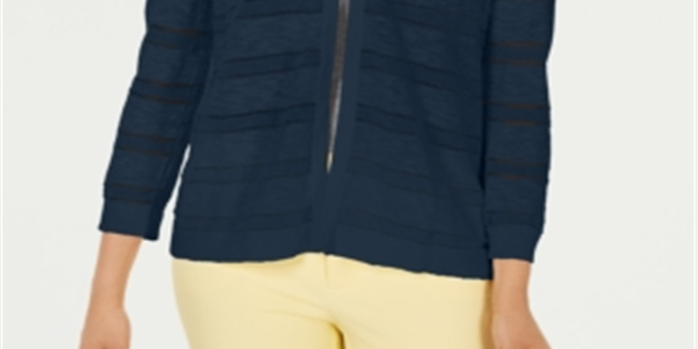 Charter Club Women's Pointelle Stripe Cardigan Blue Size Petite Medium