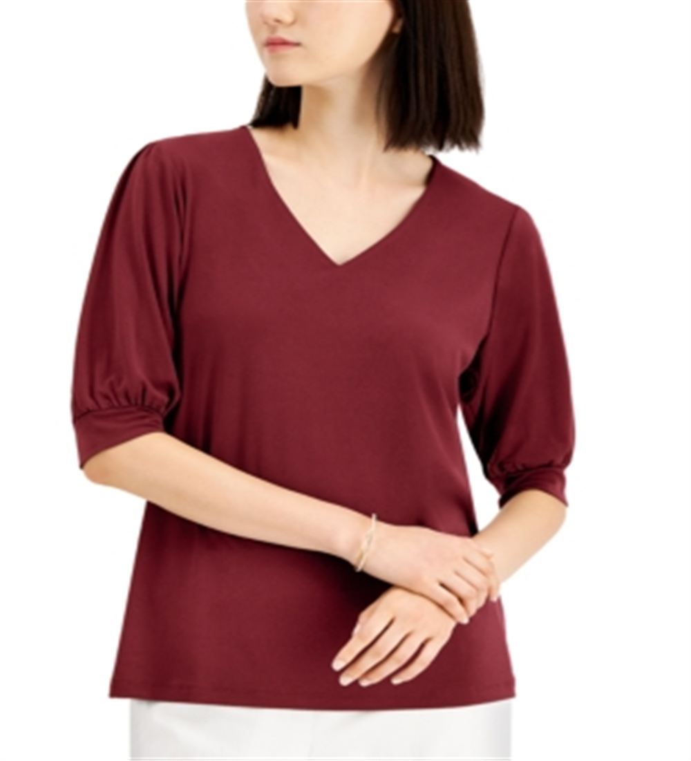 JM Collection Women's Puff Sleeve V Neck Top Red Size Large