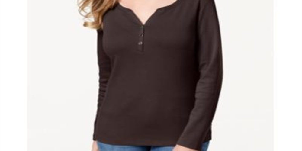 Karen Scott Women's Cotton Henley Top Brown Size Small