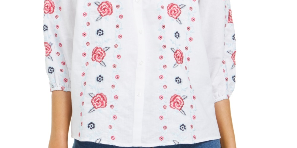 Charter Club Women's Linen Embroidered Front Blouse  White Size X-Large