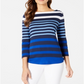 Charter Club Women's Pima Cotton Button Shoulder Stripe Top Blue Size Large