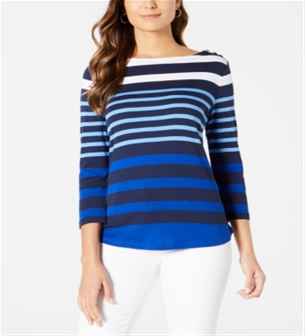 Charter Club Women's Pima Cotton Button Shoulder Stripe Top Blue Size Large