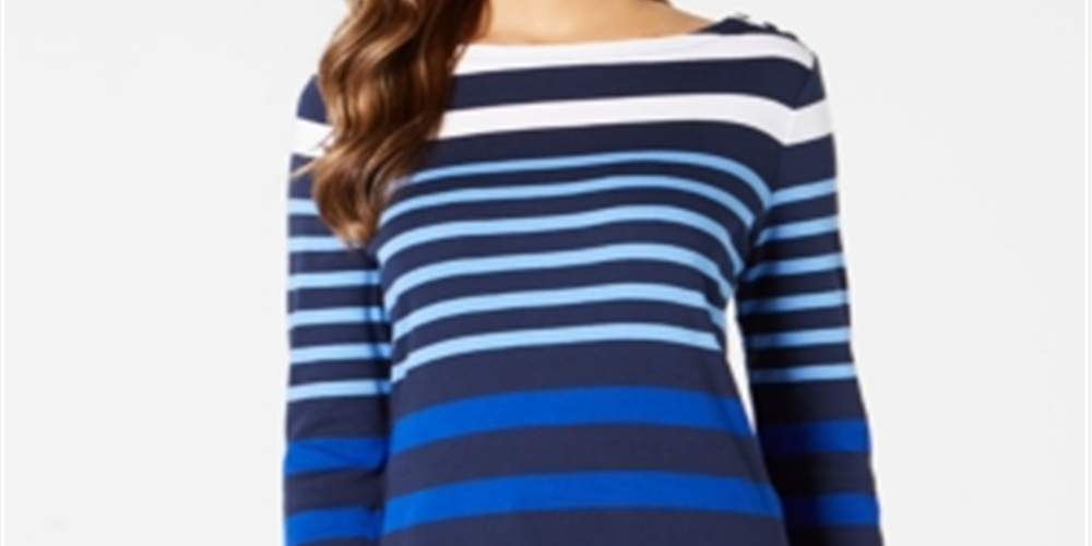 Charter Club Women's Pima Cotton Button Shoulder Stripe Top Blue Size Large